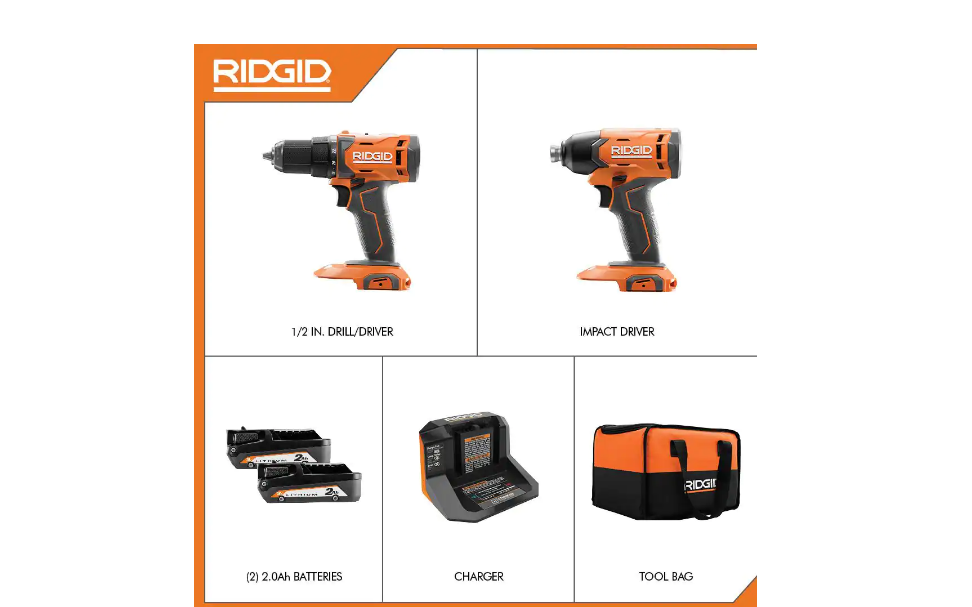 RIDGID R9272 18V Cordless 2-Tool Combo Kit with 1/2 in. Drill/Driver. 1/4 in. Impact Driver. (2) 2.0 Ah Batteries. Charger. and Bag