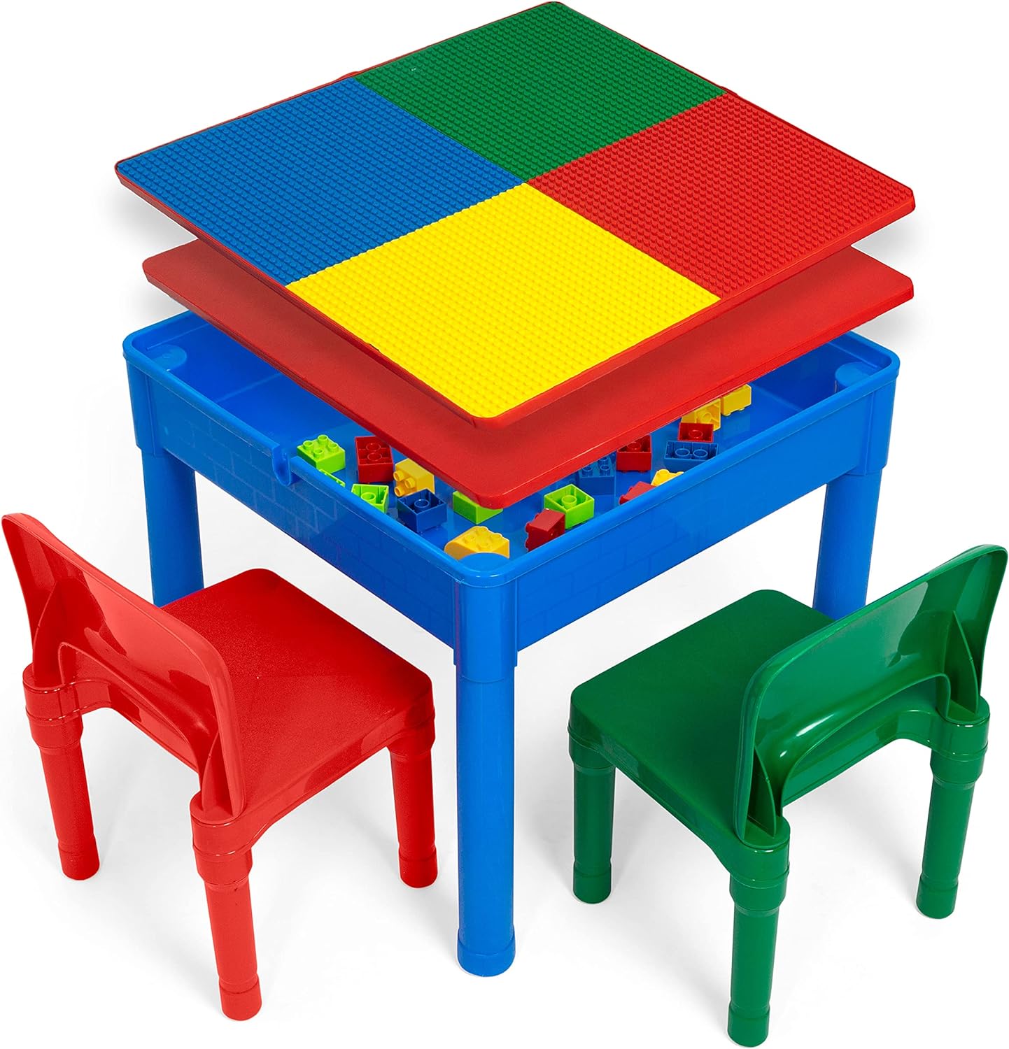 Play Platoon 5 in 1 Kids Activity Table and Chair Set- Stem Table for Toddlers with Water Table. Building Block Table. Craft & Sensory Table for Toddlers with 2 Chairs & 25 XL Blocks Primary Colors