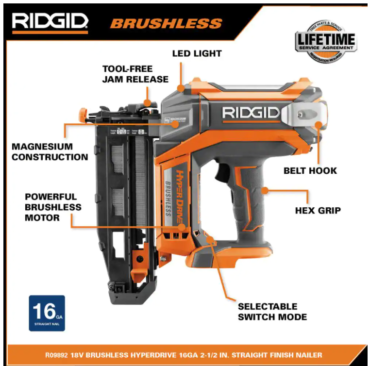 RIDGID R09892 18V Brushless Cordless HYPERDRIVE 16-Gauge 2-1/2 in. Straight Finish Nailer(Tool Only). Belt Clip. Bag. Sample Nails