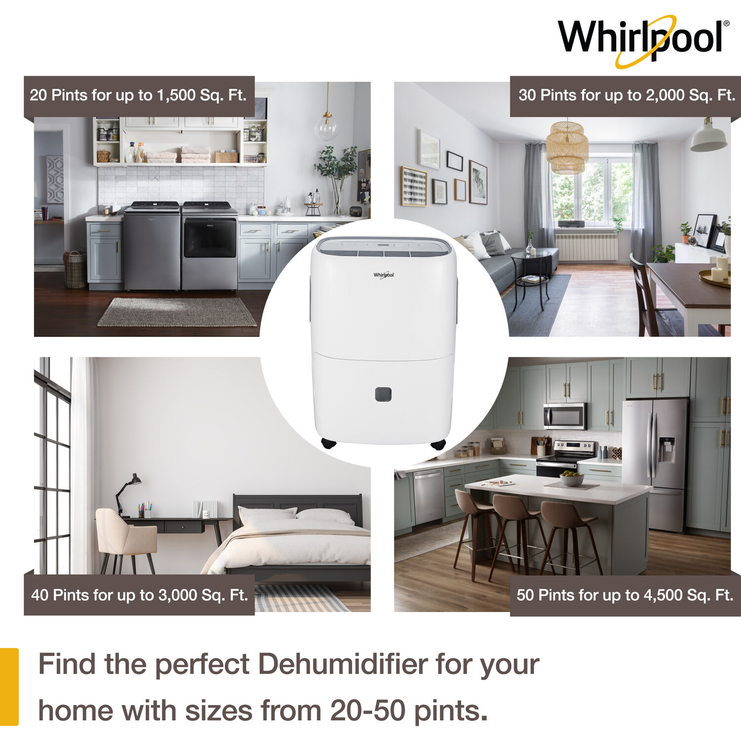 Whirlpool 30 Pt. 2.000 Sq. Ft. Dehumidifier in White - Automatic Shut-off. Variable Speed