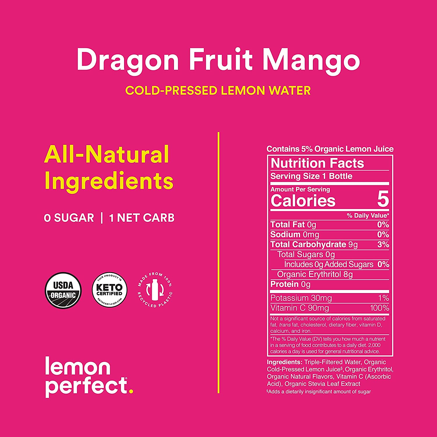 Lemon Perfect. Organic Cold-Pressed Lemon Water. Squeezed from Real Fruit. Flavored Water. Sugar-Free. Keto Certified. No Artificial Ingredients. Dragon Fruit Mango (12-Pack)