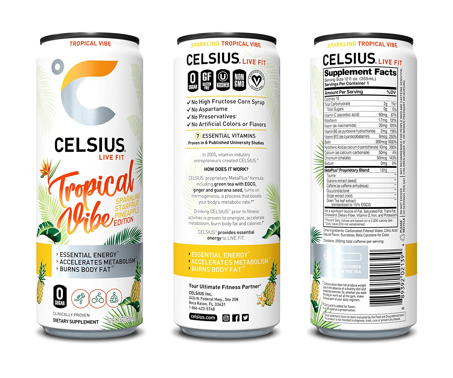 CELSIUS Essential Energy Drink 12 Fl Oz. Zero Sugar. Sparkling Tropical Vibe (Pack of 12)