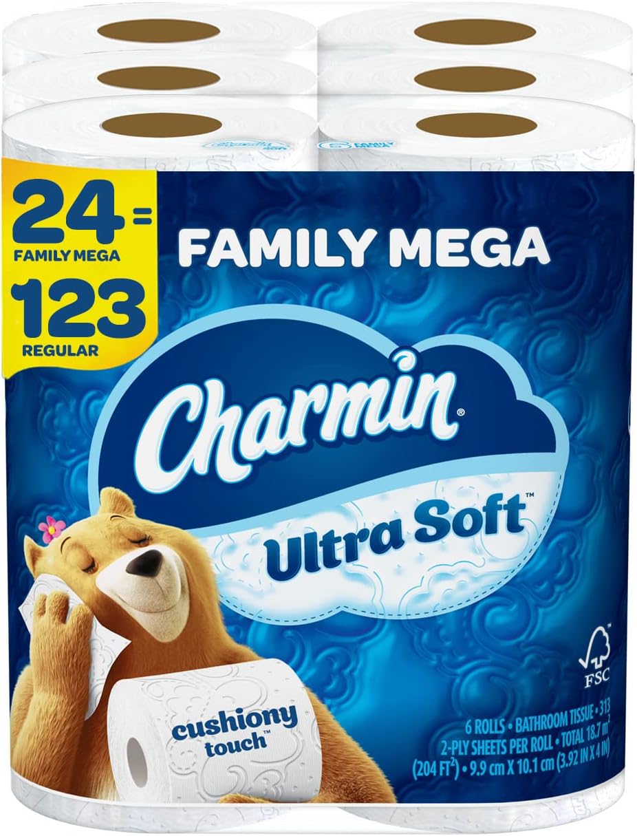 Charmin Ultra Soft Cushiony Touch Toilet Paper. 24 Family Mega Rolls = 123 Regular Rolls