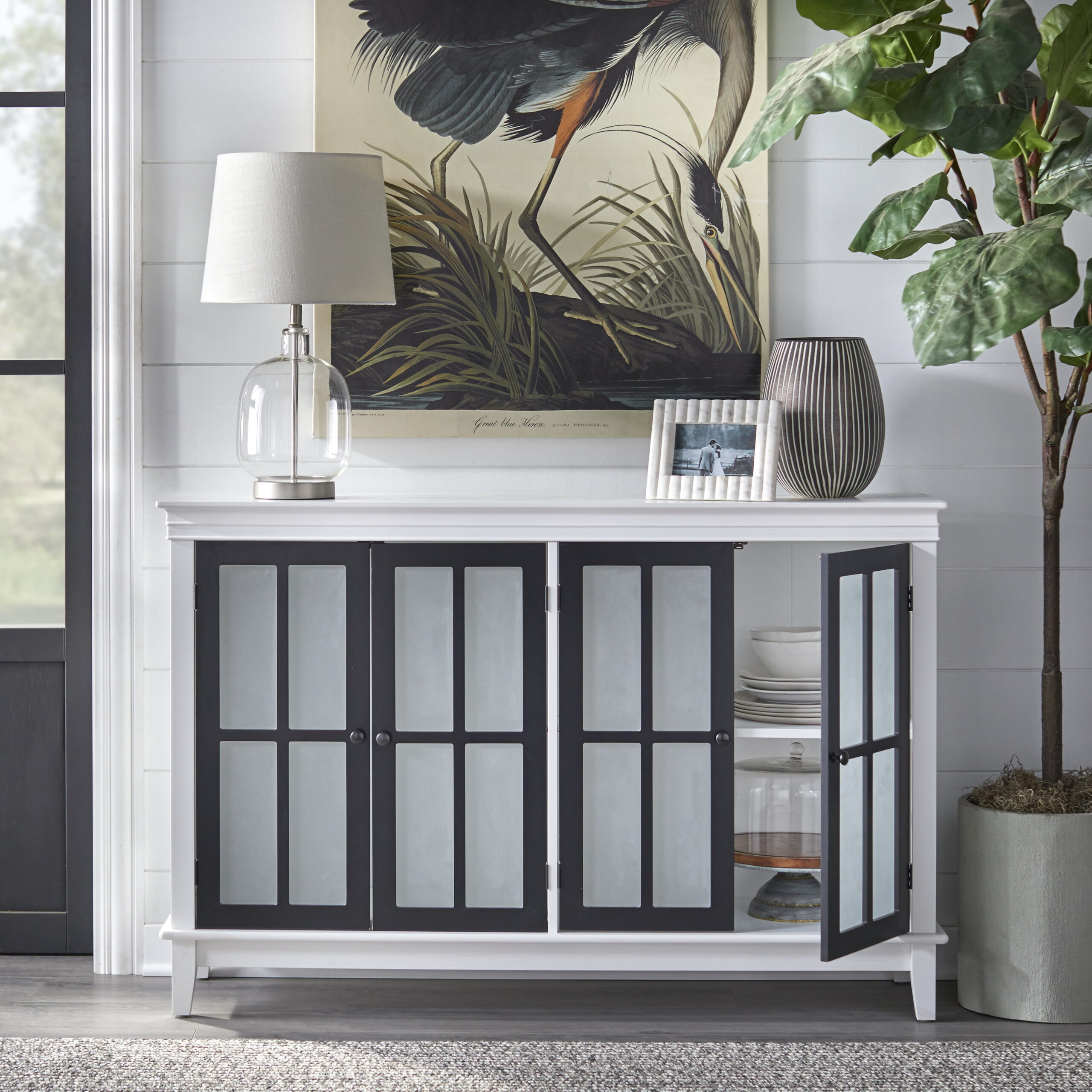 TMS Hampshire Two-Tone Buffet Sideboard. White/Black with Tempered Glass Doors