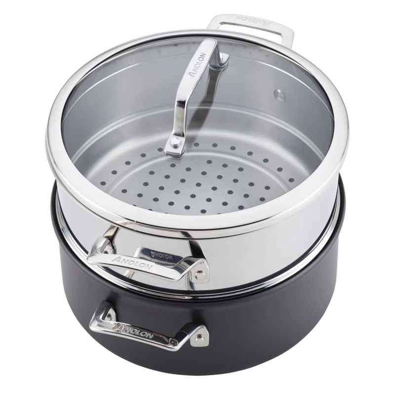 Anolon 81059 Authority Hard-Anodized Nonstick Covered Dutch Oven with Steamer Insert. 5-Quarts. Gray