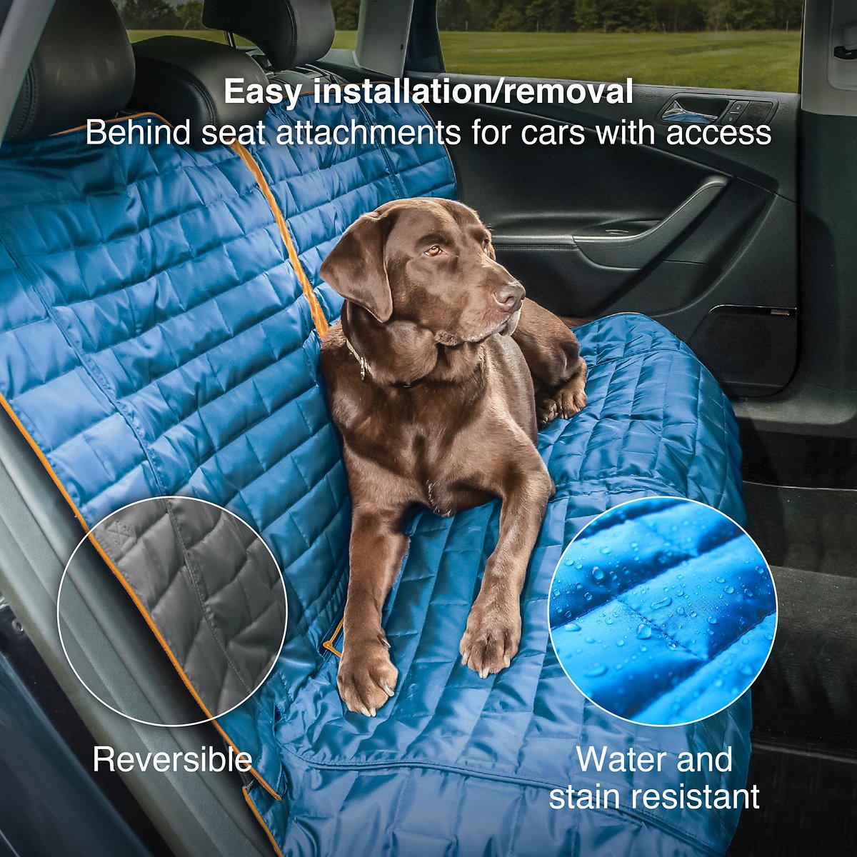 Kurgo Loft Car Bench Dog Seat Cover - Reversible. Quilted Hammock and Bench Seat Covers for Back Seats - Pet Seat Protectors are Water-Resistant. Scratch-Proof. Provide Seatbelt Access - Coastal Blue/Charcoal