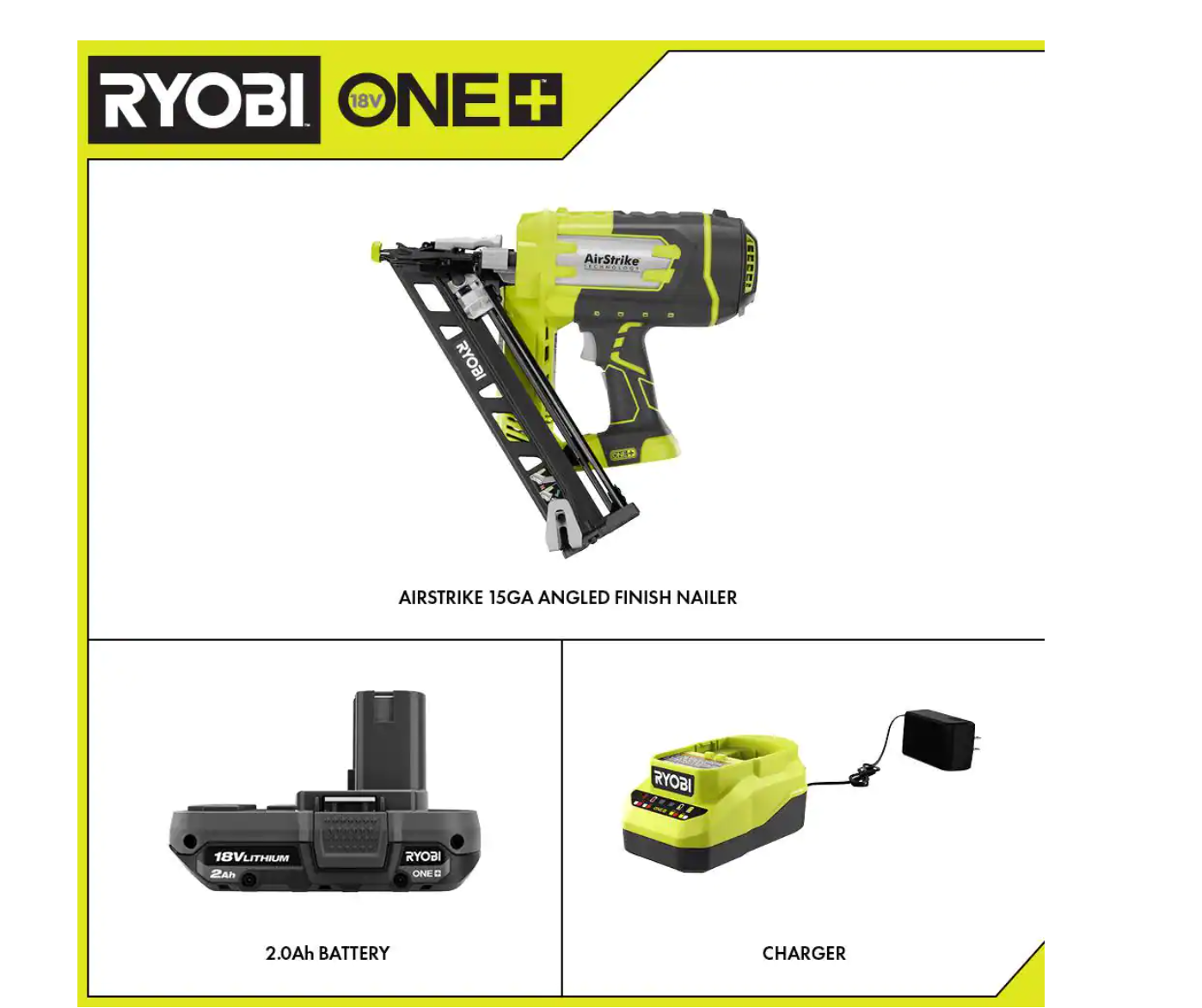 RYOBI P330-PSK005 ONE+ 18V Cordless AirStrike 15-Gauge Angled Finish Nailer and 2.0 Ah Compact Battery and Charger Starter Kit