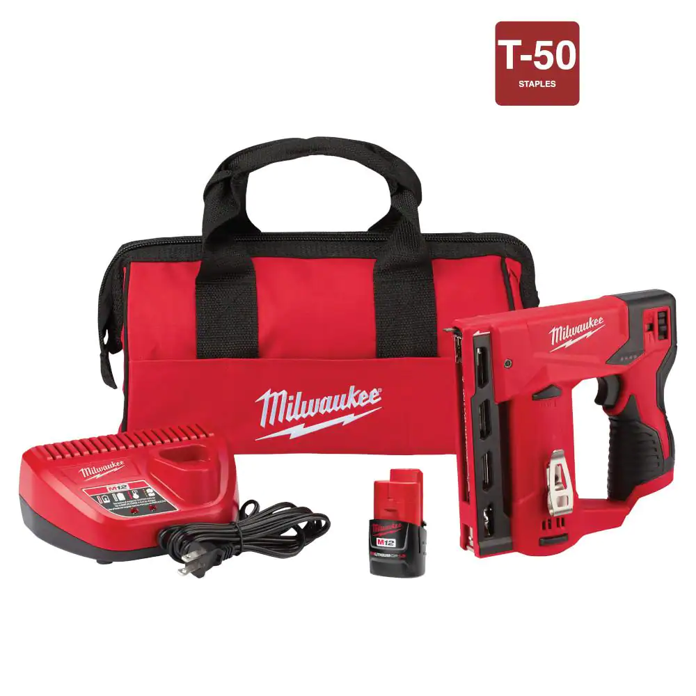 Milwaukee 2447-21 M12 12V Lithium-Ion Cordless 3/8 in. Crown Stapler Kit W/ (1) 1.5Ah Battery. Charger & Bag
