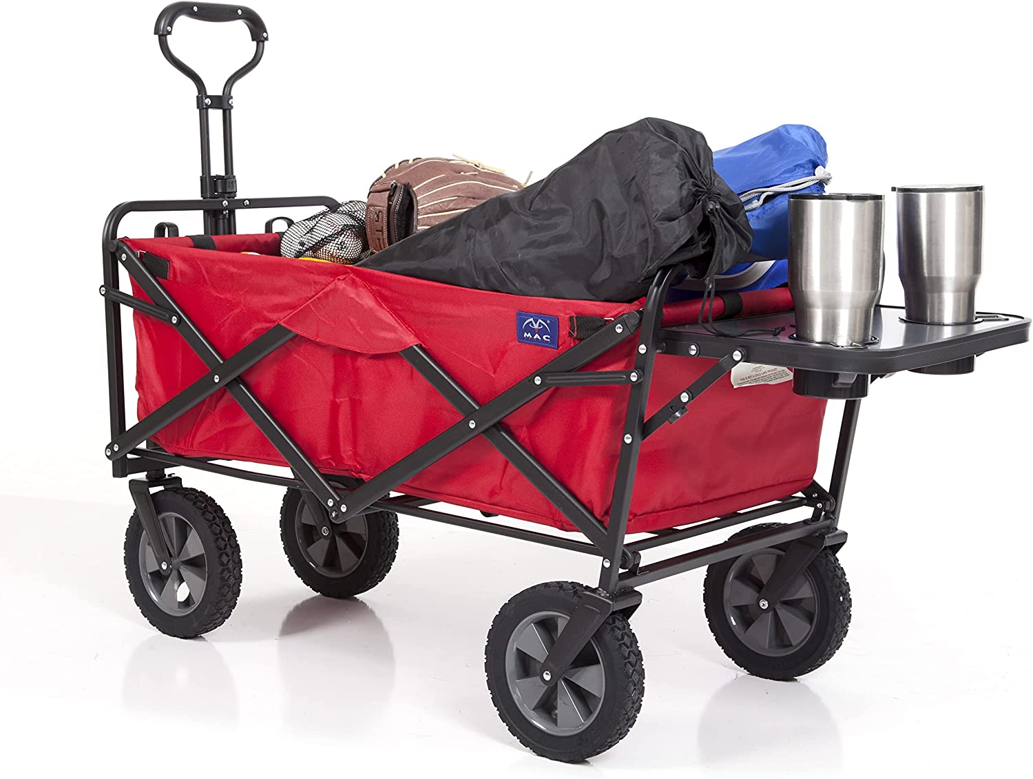 MACSPORTS Collapsible Outdoor Utility Wagon with Folding Table and Drink Holder. Bright Red