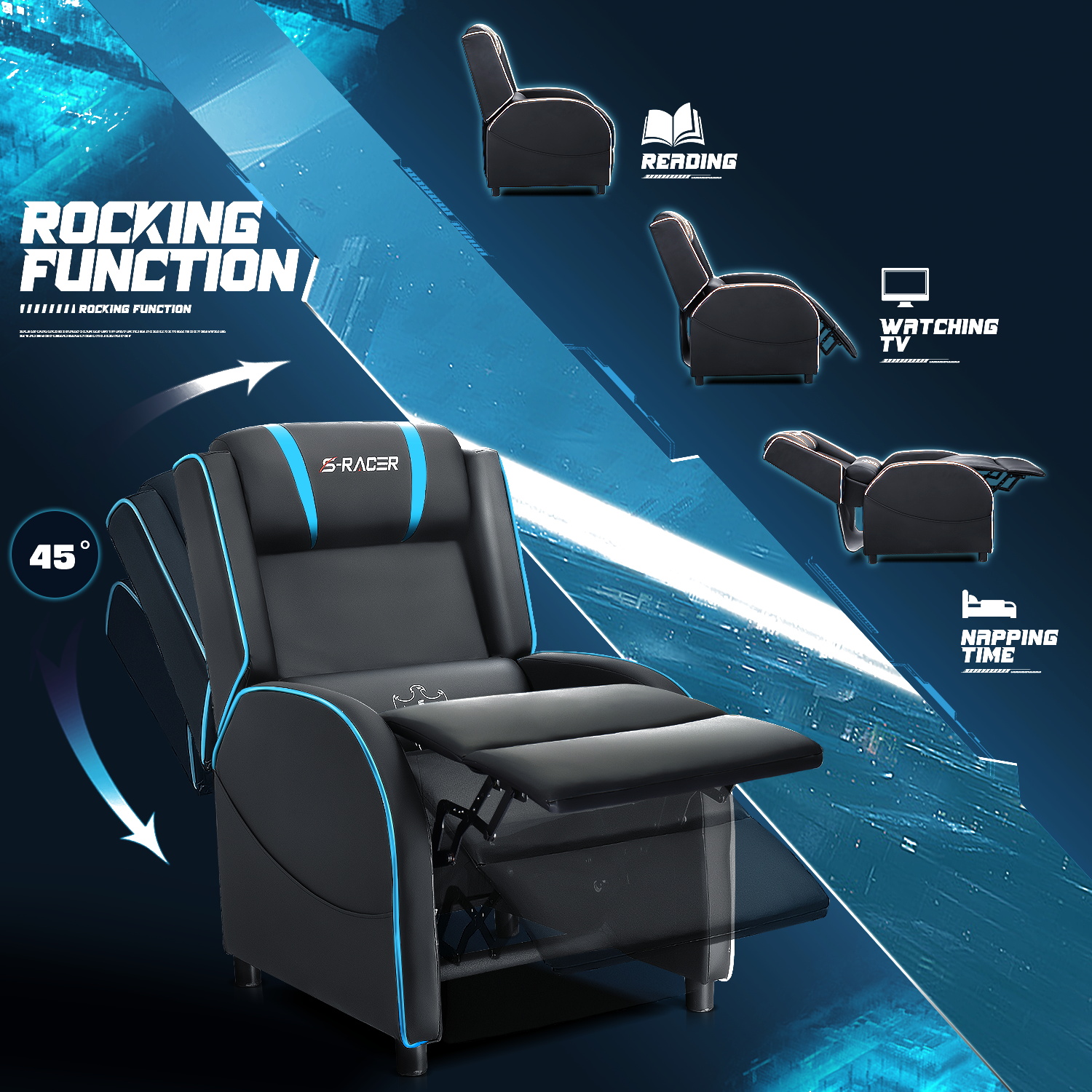 Homall Massage PU Leather Gaming Recliner Chair. Blue.