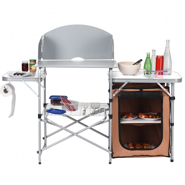 Portable Folding Outdoor BBQ Grilling Table w/Windscreen & Zippered Bag & Carry Bag