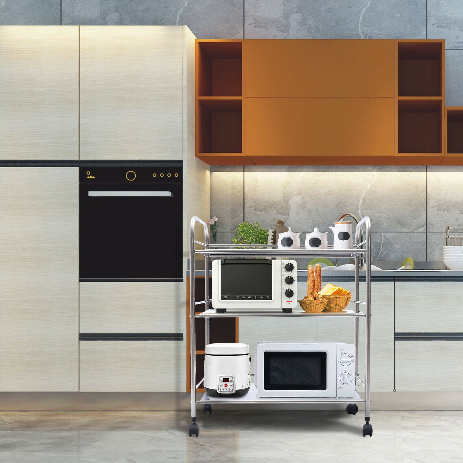 TFCFL 3-Tier Kitchen Storage Cart Microwave Oven Rack Utility Workstation Stand Shelf with Wheel