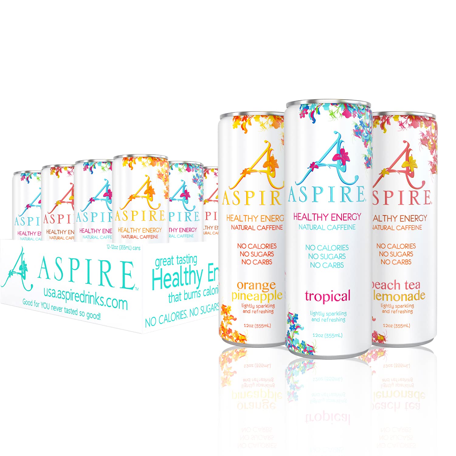 Aspire Sugar-Free Healthy Energy Drink. Natural Caffeine. Coffee Substitute. Vitamins B & C. Tropic Variety Pack. 12 oz Cans (Pack of 12)