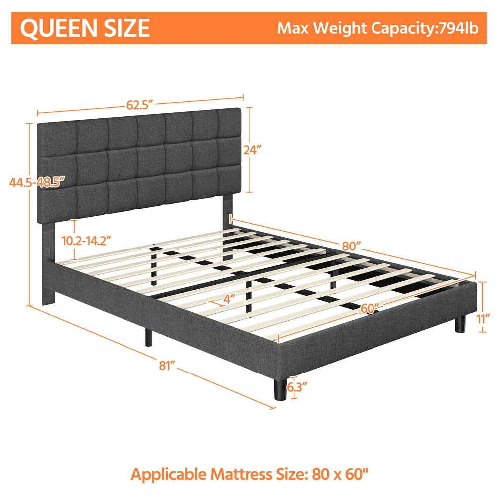 Alden Design Upholstered Tufted Platform Queen Bed. Dark Gray