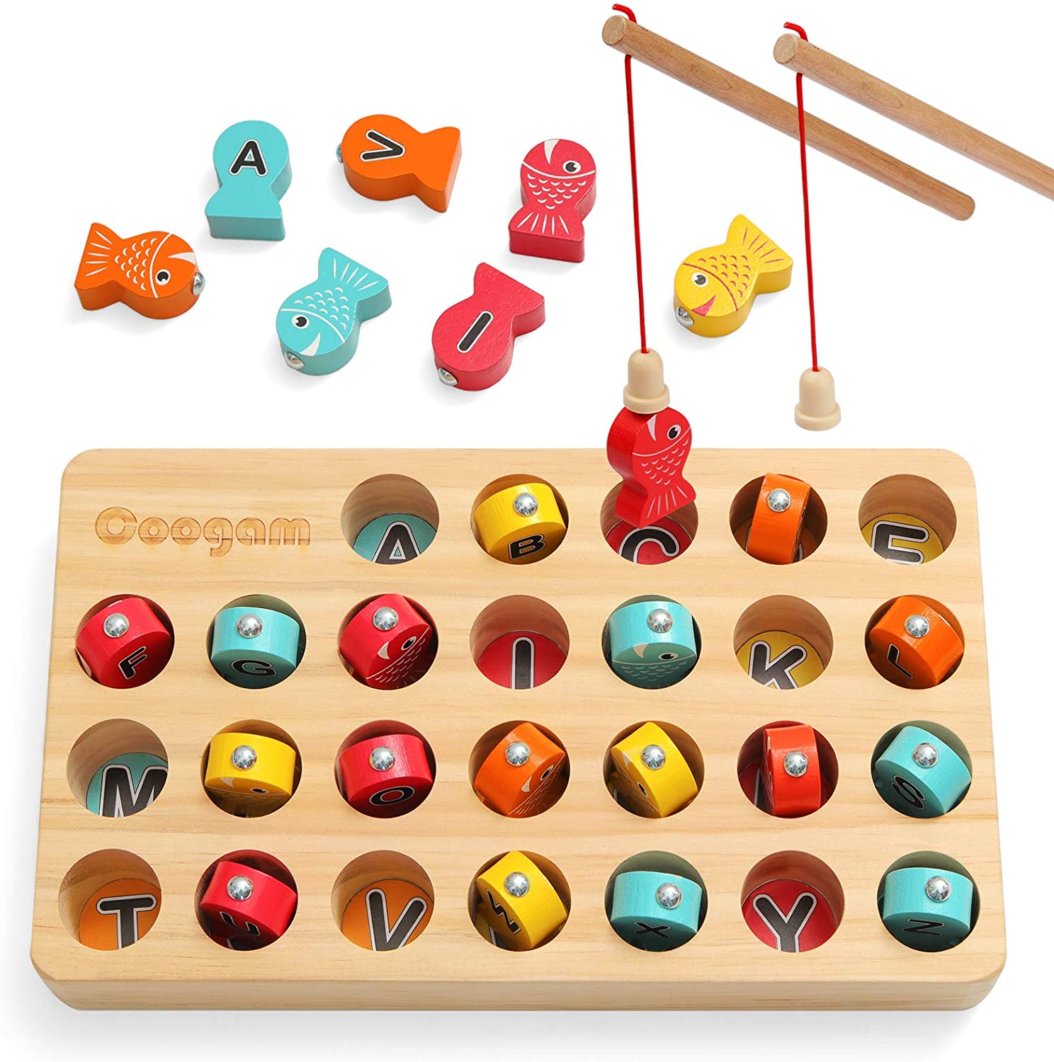 Coogam Wooden Magnetic Fishing Game. Fine Motor Skill Toy ABC Alphabet Color Sorting Puzzle
