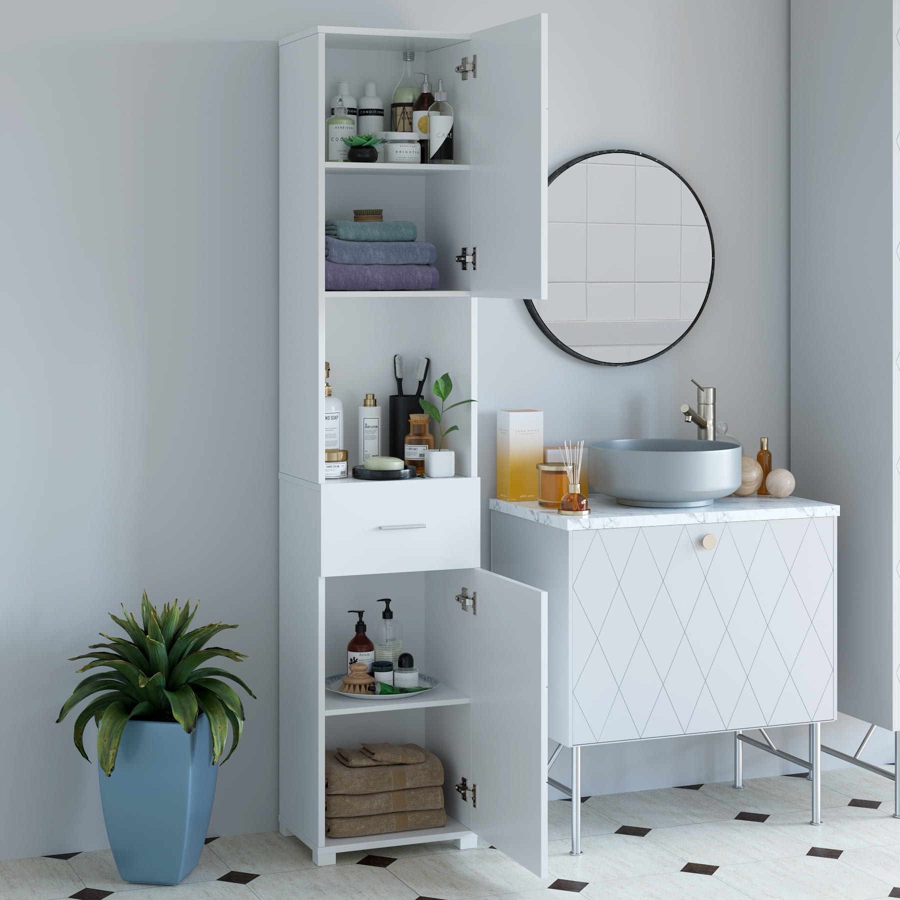 Homfa White Cabinet with Doors and Shelves. 71” Floor Standing Wood Shelving Units for Bathroom