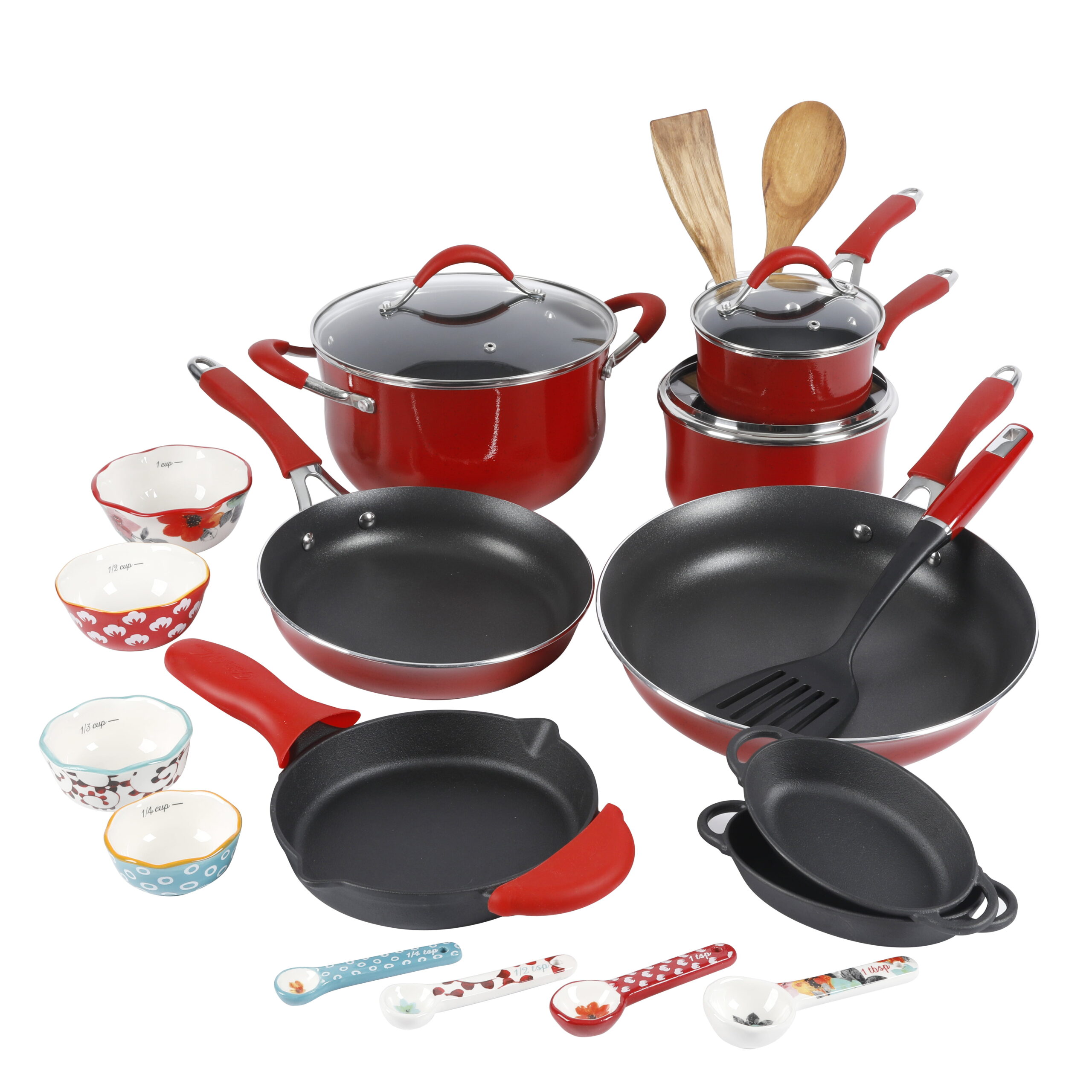 The Pioneer Woman Frontier Speckle 24-Piece Aluminum Non-stick Cookware Combo Set. Red