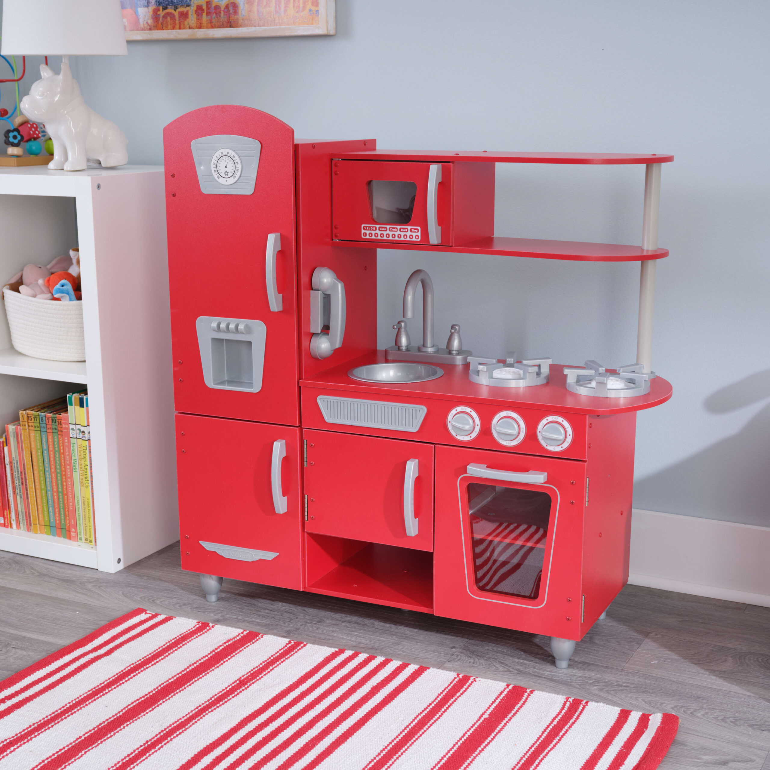 KidKraft Red Vintage Wooden Play Kitchen with Stainless Steel-Look Trim. Play Phone