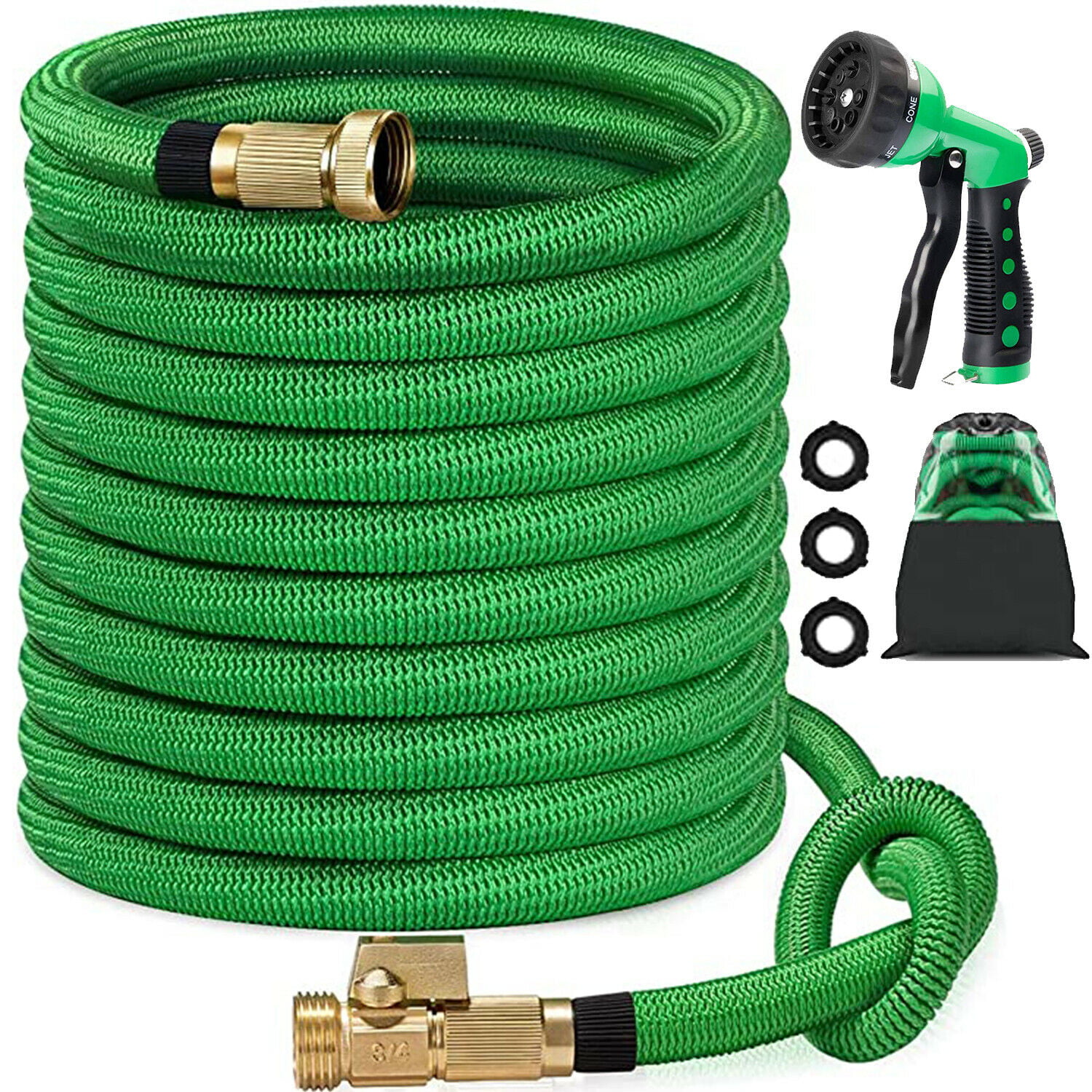 Lilvigor Expandable Garden Hose 150ft 100ft 75 ft 50ft Long Hose 4 Layers Latex Core Water Hose High Tenacity Fabric Outer Cover High Tenacity Fabric Outer Cover Solid Brass Fittings 8-Way Nozzle