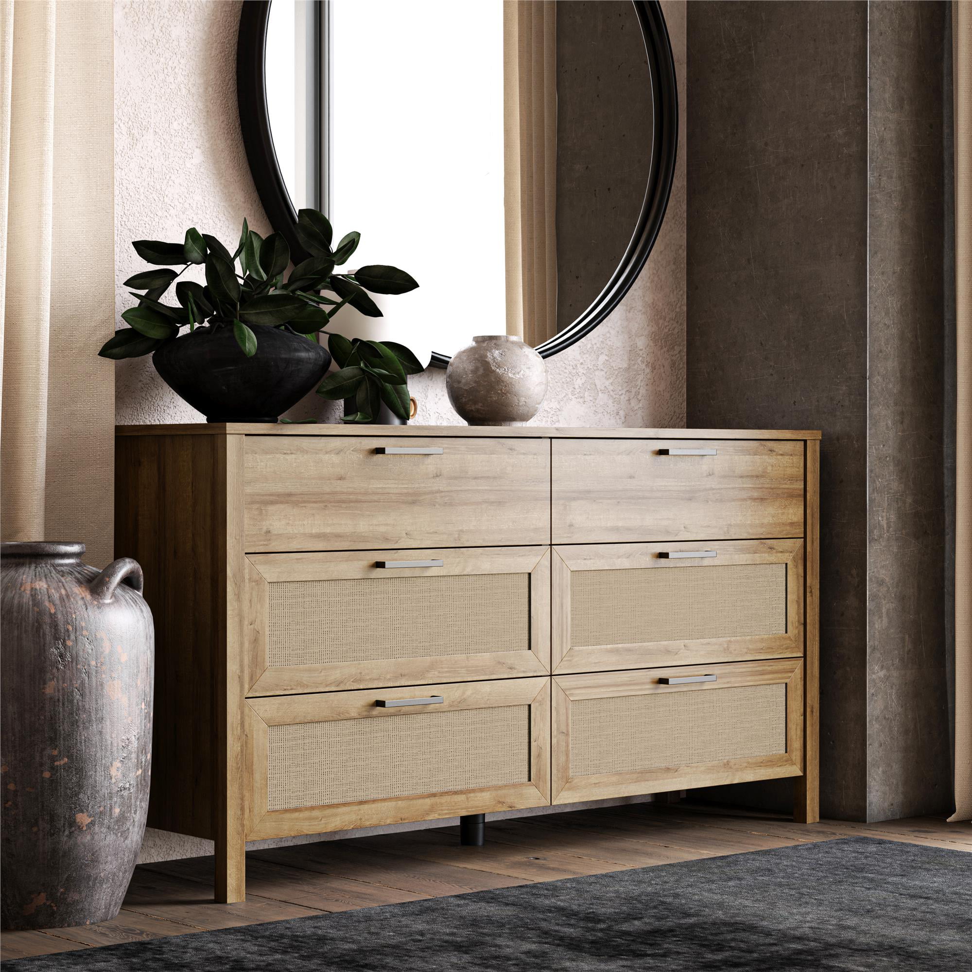 Queer Eye Wimberly 6 Drawer Dresser. Natural with Faux Rattan