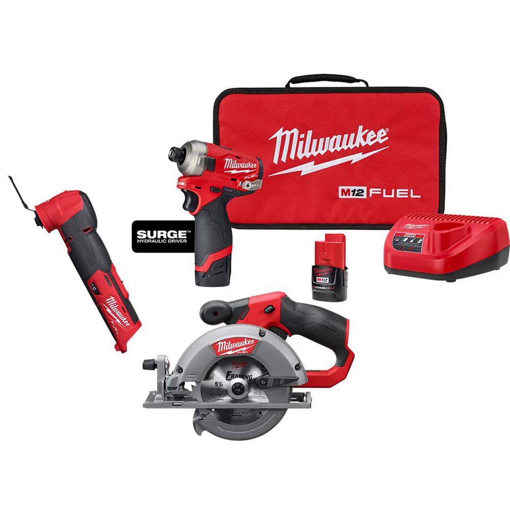 Milwaukee 2551-22-2526-20-2530-20 M12 FUEL SURGE 12V Lithium-Ion Brushless Cordless 1/4 in. Impact Driver Compact Kit Multi-Tool 5-3/8 in. Circular Saw