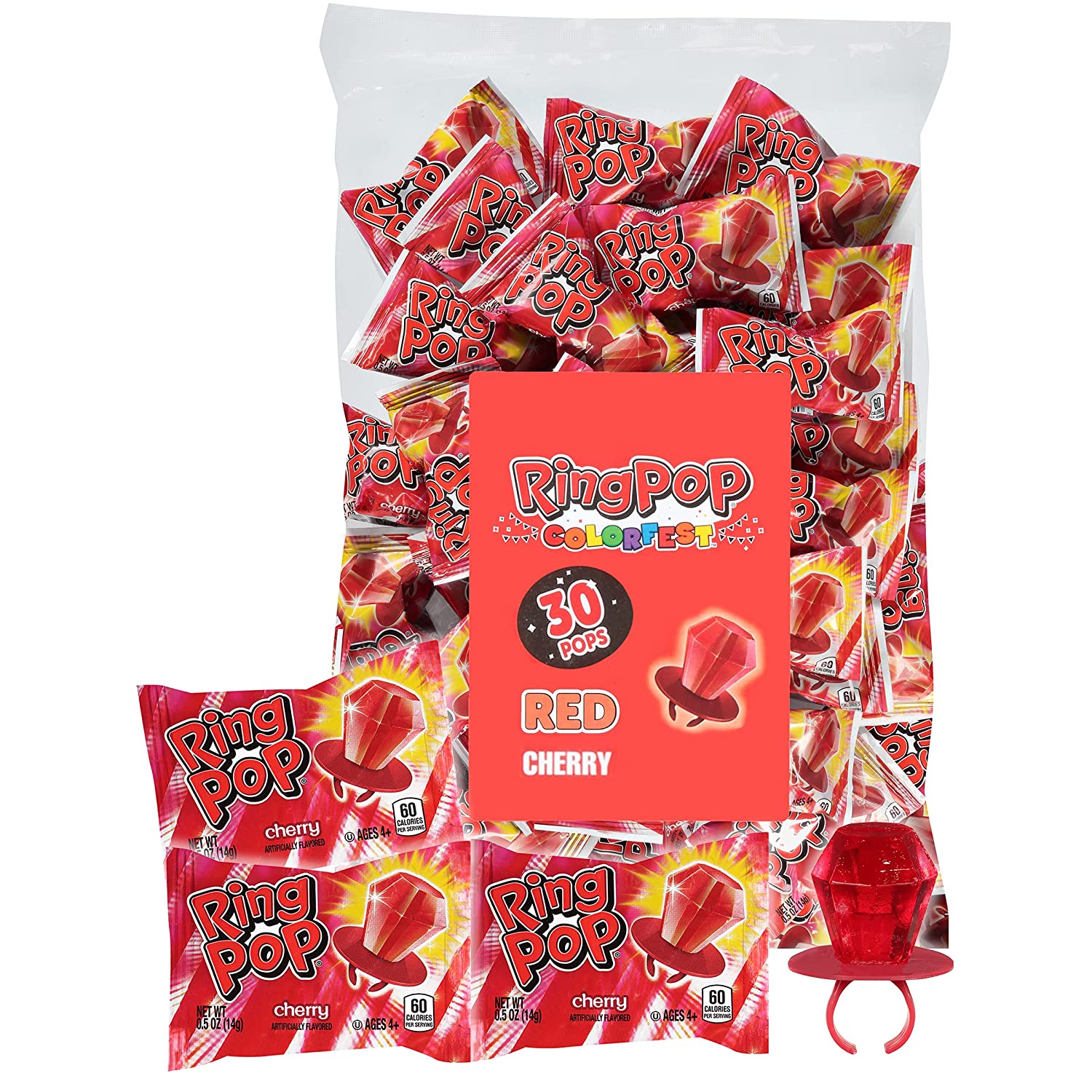 Ring Pop Individually Wrapped Red Cherry 30 Count Bulk Lollipop Easter Pack