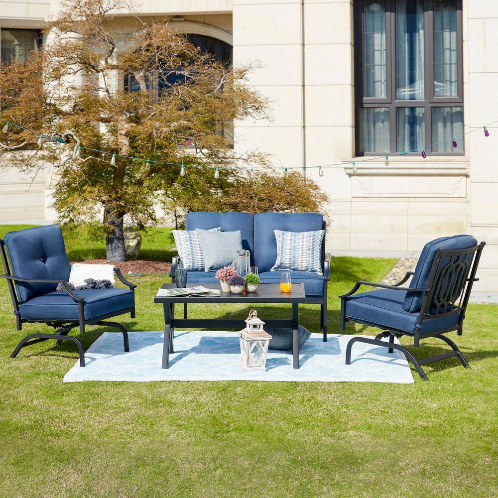 Patio Festival  4-Piece Metal Patio Conversation Set with Blue Cushions