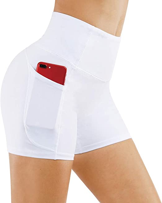 THE GYM PEOPLE High Waist Yoga Shorts for Women's Tummy Control Fitness Athletic Workout Running Shorts with Deep Pockets. White