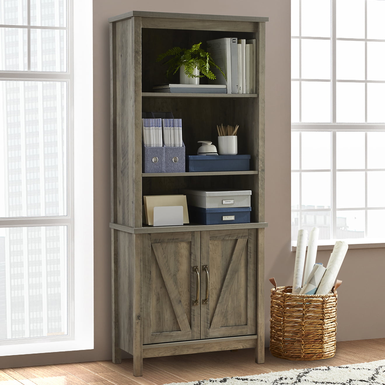 Better Homes & Gardens Modern Farmhouse Library Bookcase with Doors. Rustic Gray Finish