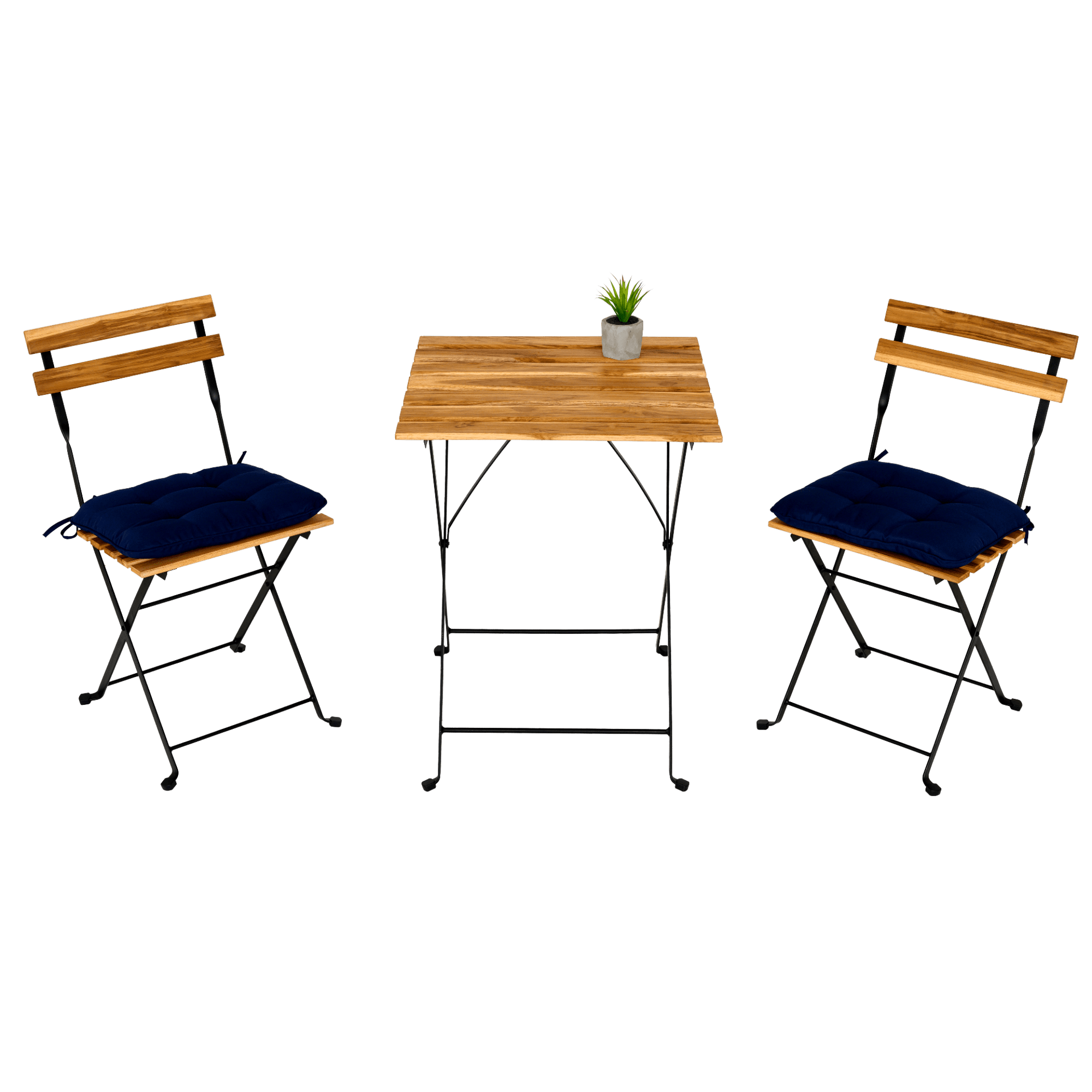 GIVIMO Bistro Set Solid Teak Wood Folding Table And Chair Set Power Coating Frame Patio Set With Waterproof Navy Cushion