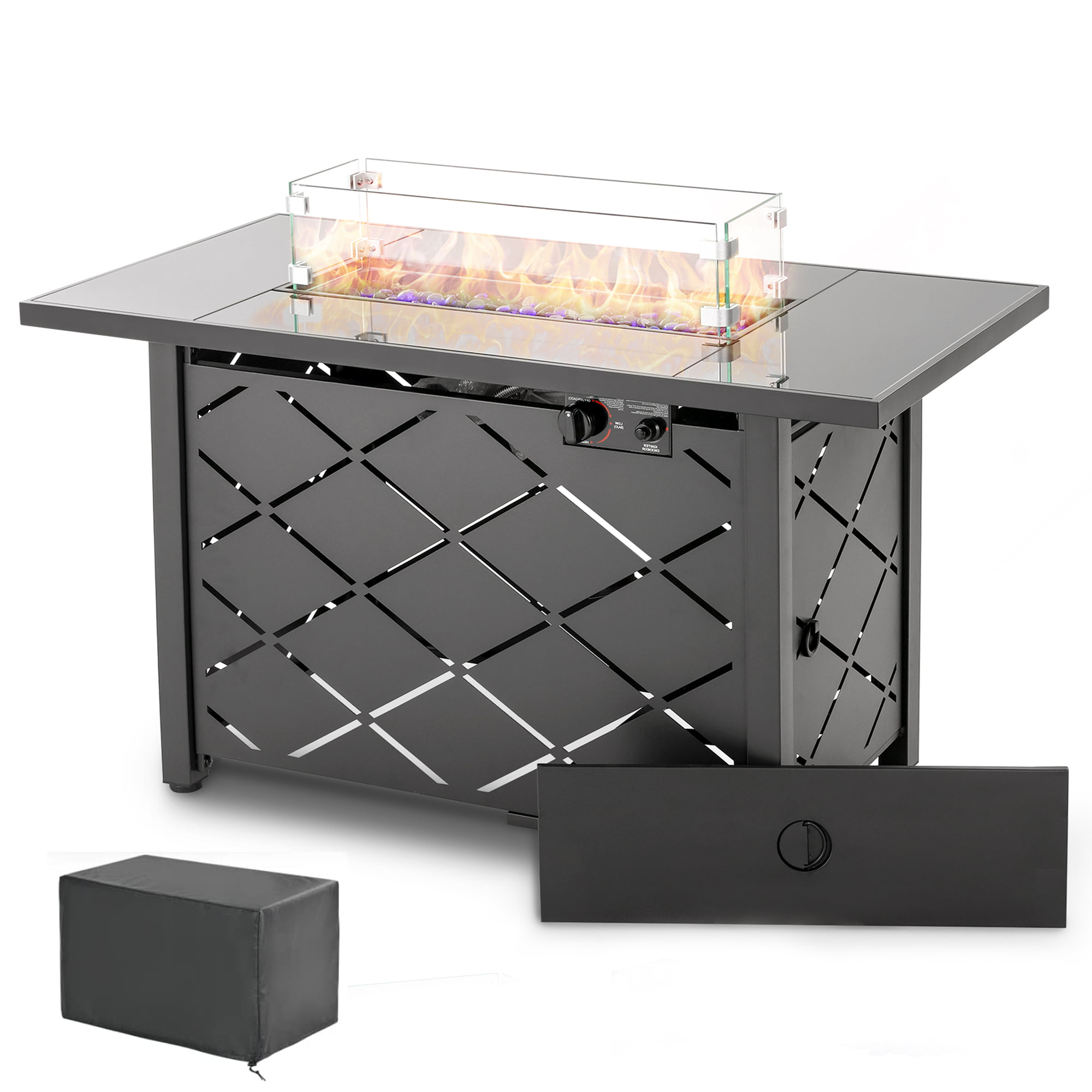 Outdoor Propane Fire Pit Table. 43 inch 60.000 BTU Auto-Ignition Outdoor Gas Fire Pit Tables with Glass Wind Guard. Lava Stone for Garden