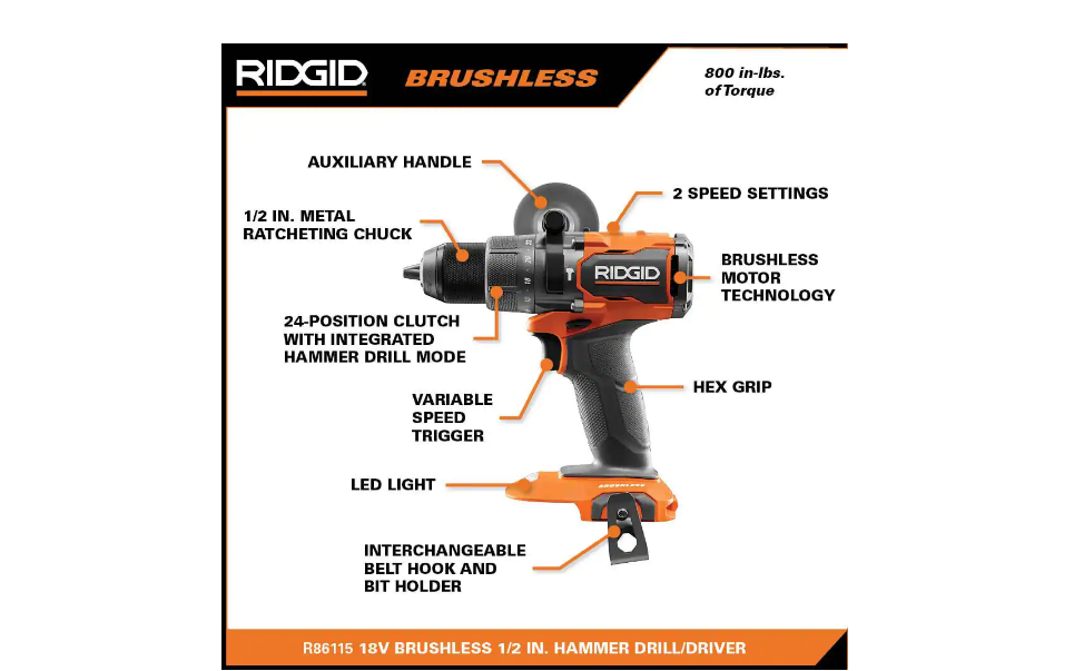 RIDGID R86115B 18V Brushless Cordless 1/2 in. Hammer Drill/Driver (Tool Only)