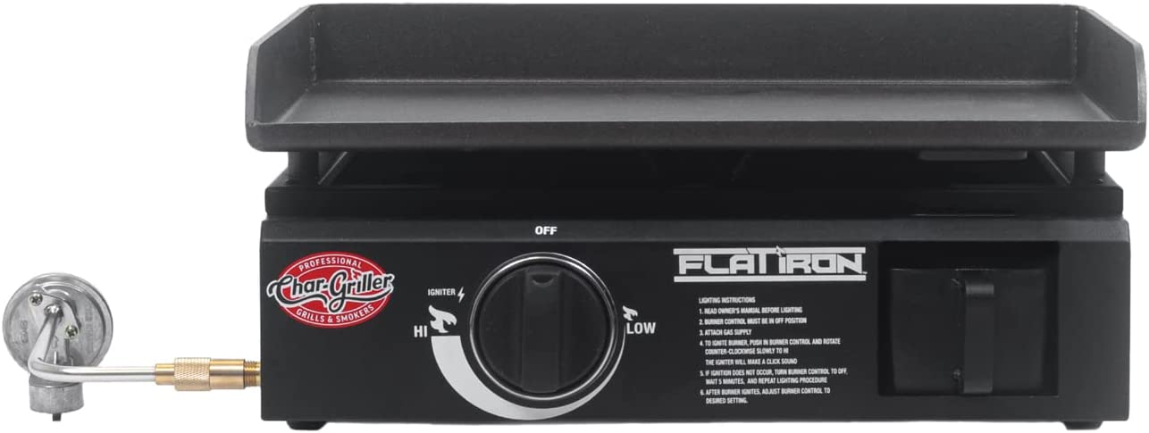 Char-Griller E8217 Flat Iron Portable Table Top 17 Gas Griddle Propane Grill. Black