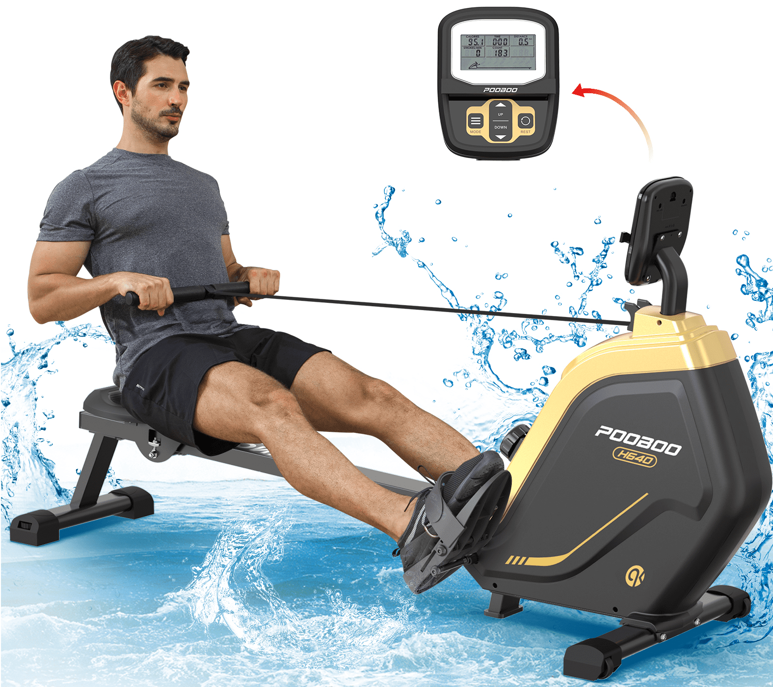 Pooboo Row Machine Magnetic Rowing Machine Indoor Foldable Rower with 16 Level Adjustable Quiet Magnetic Resistance. Ergonomic Seat & LCD Monitor Cardio Exercise Training Max Weight 350 lbs