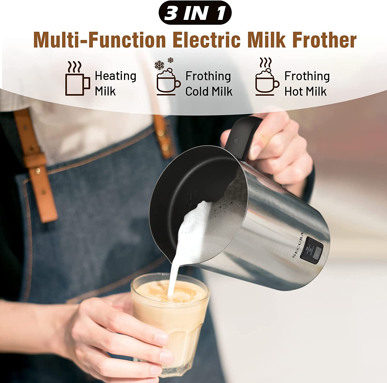 Secura Milk Frother. Electric Milk Steamer Stainless Steel. 8.4oz/250ml Automatic Hot and Cold Foam Maker and Milk Warmer for Latte. Cappuccinos. Macchiato. 120V