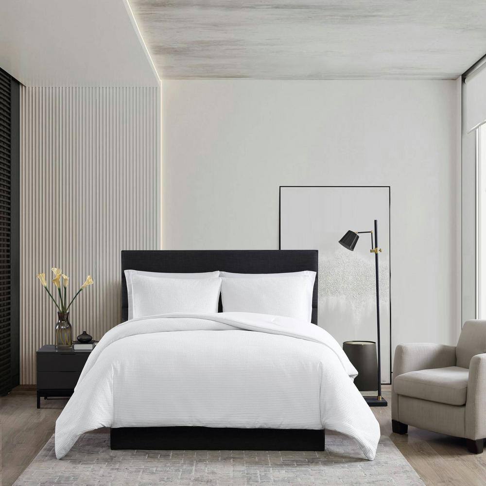 VERA WANG  Waffle Pique 3-Piece White Solid Cotton King Comforter Set