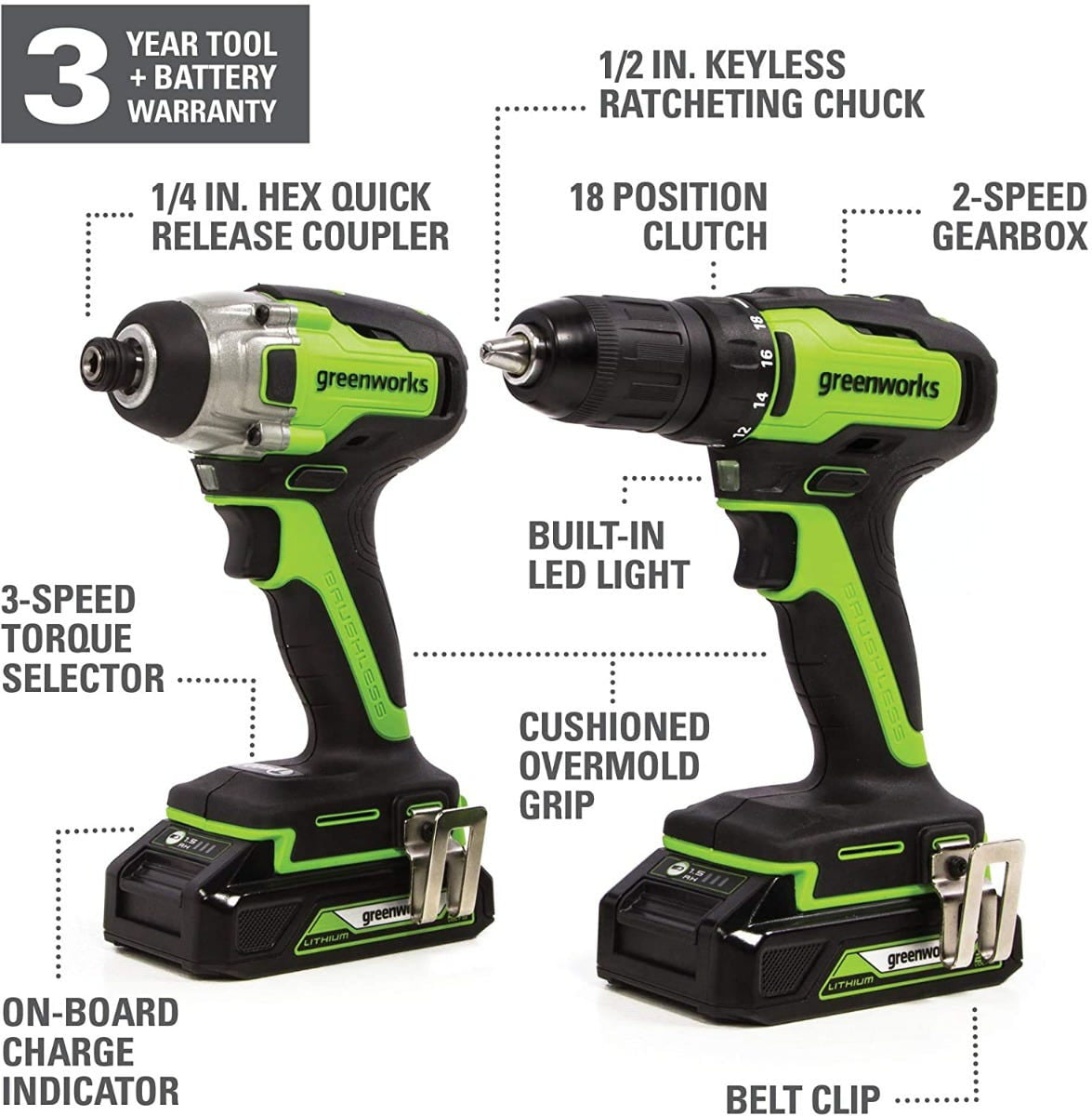 Greenworks 24V Brushless  Drill/Driver + Impact/Driver Combo Kit. (2) USB (Power Bank) Batteries. Charger. (2) Driving Bits. & Tool Bag. 1307502AZ