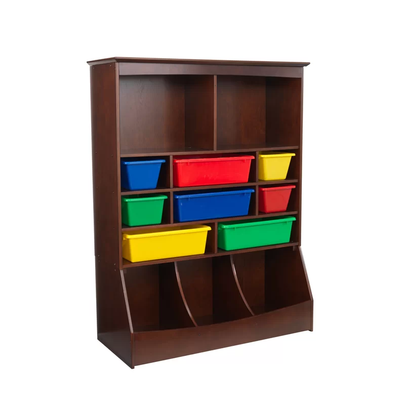 KidKraft Wooden Wall Storage Unit with 8 Plastic Bins and 13 Compartments. Espresso. Gift for Ages 3+