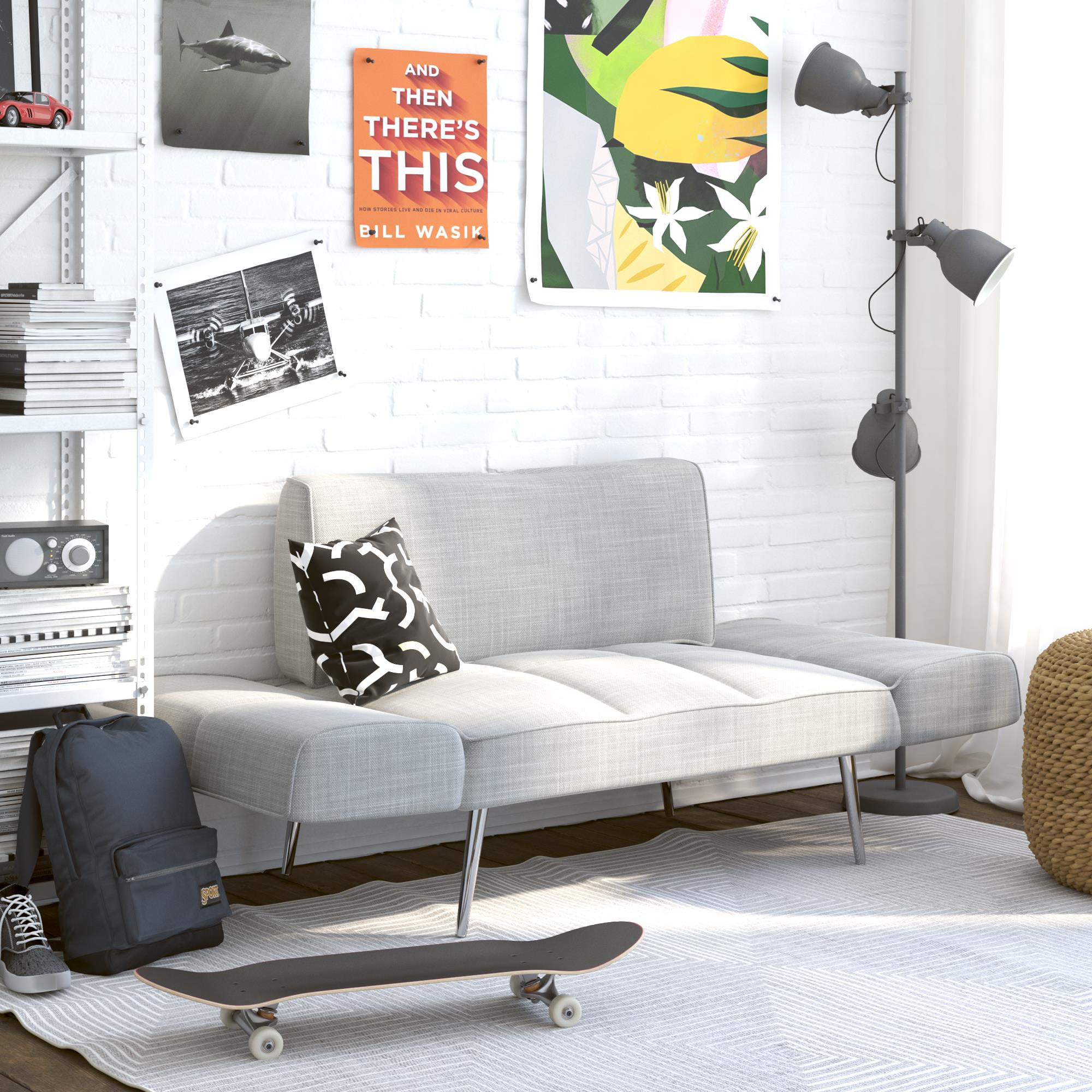 DHP Euro Upholstered Futon with Magazine Storage. Light Grey Linen
