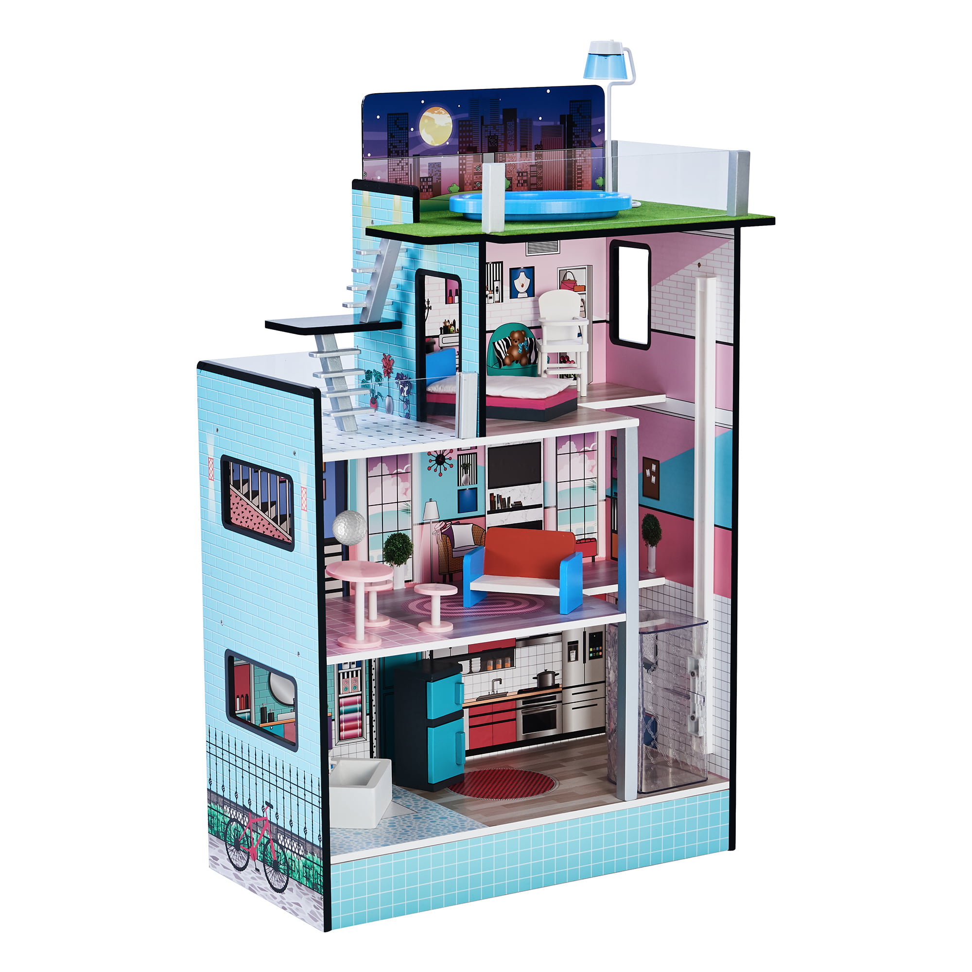 Teamson Kids Dreamland Barcelona Dollhouse with 10 Accessories. Turquoise/Black