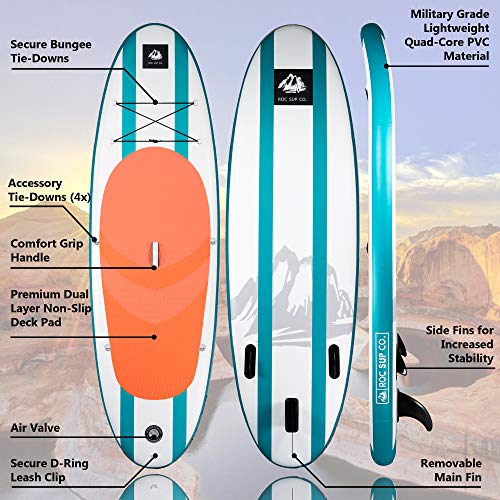 Roc Inflatable Stand Up Paddle Board with Premium sup Accessories & Backpack. Non-Slip Deck. Waterproof Bag. Leash. Paddle and Hand Pump. (Aqua)