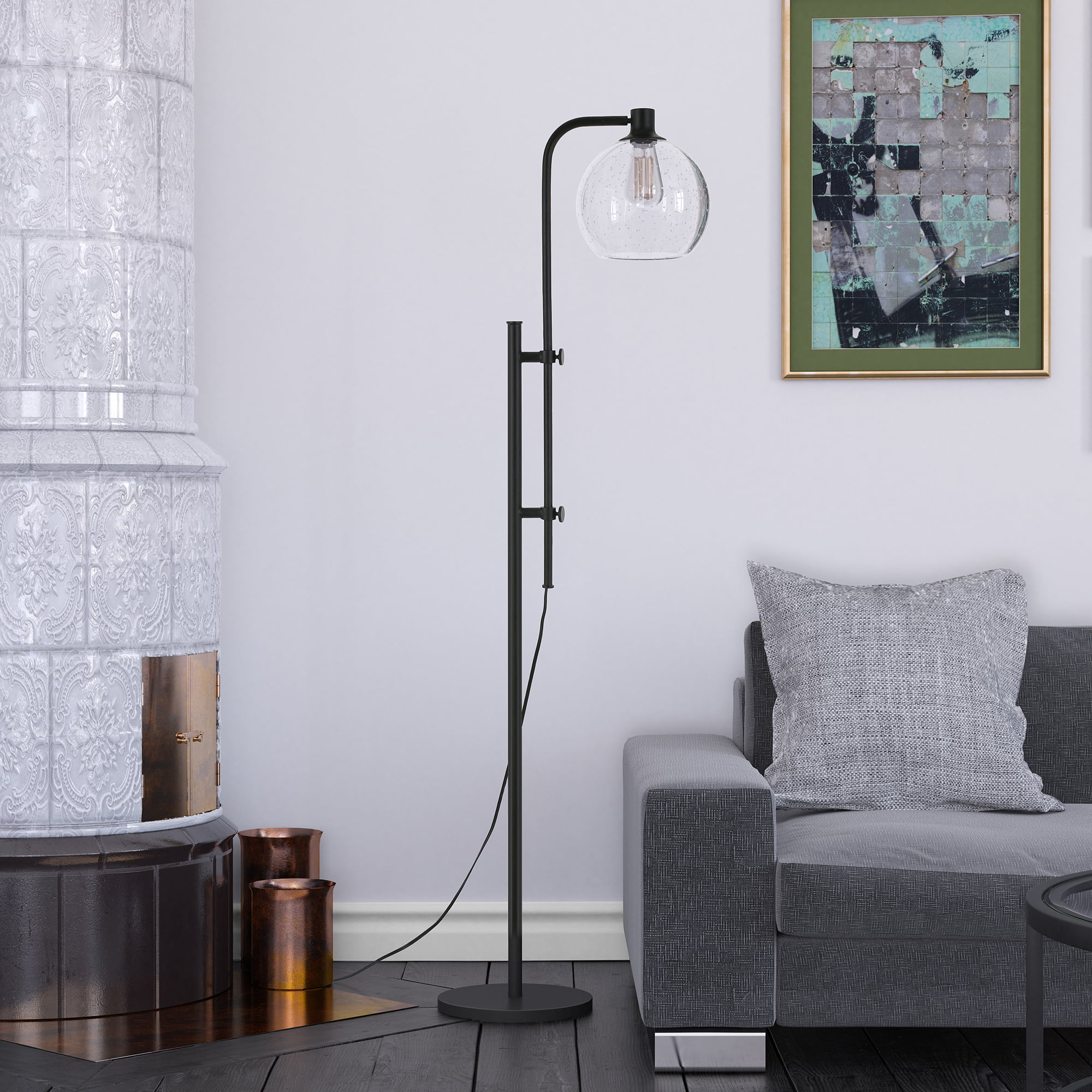 Antho Height-Adjustable Floor Lamp with Glass Shade in Blackened Bronze/Seeded Floor Lamp Blackened Bronze/Seeded 68″ Tall