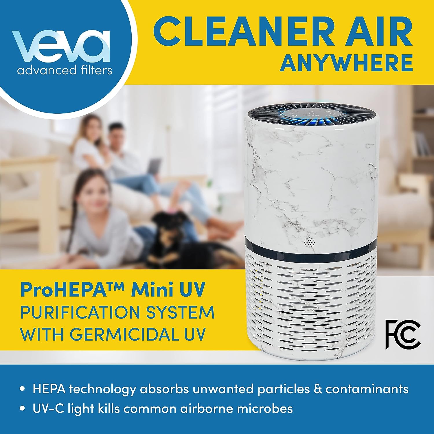 Veva White Circular Air Purifier. Compact and Modern with UV-C Light. HEPA Filter. 3 Speed Settings. Soft Light. 220 sqft coverage