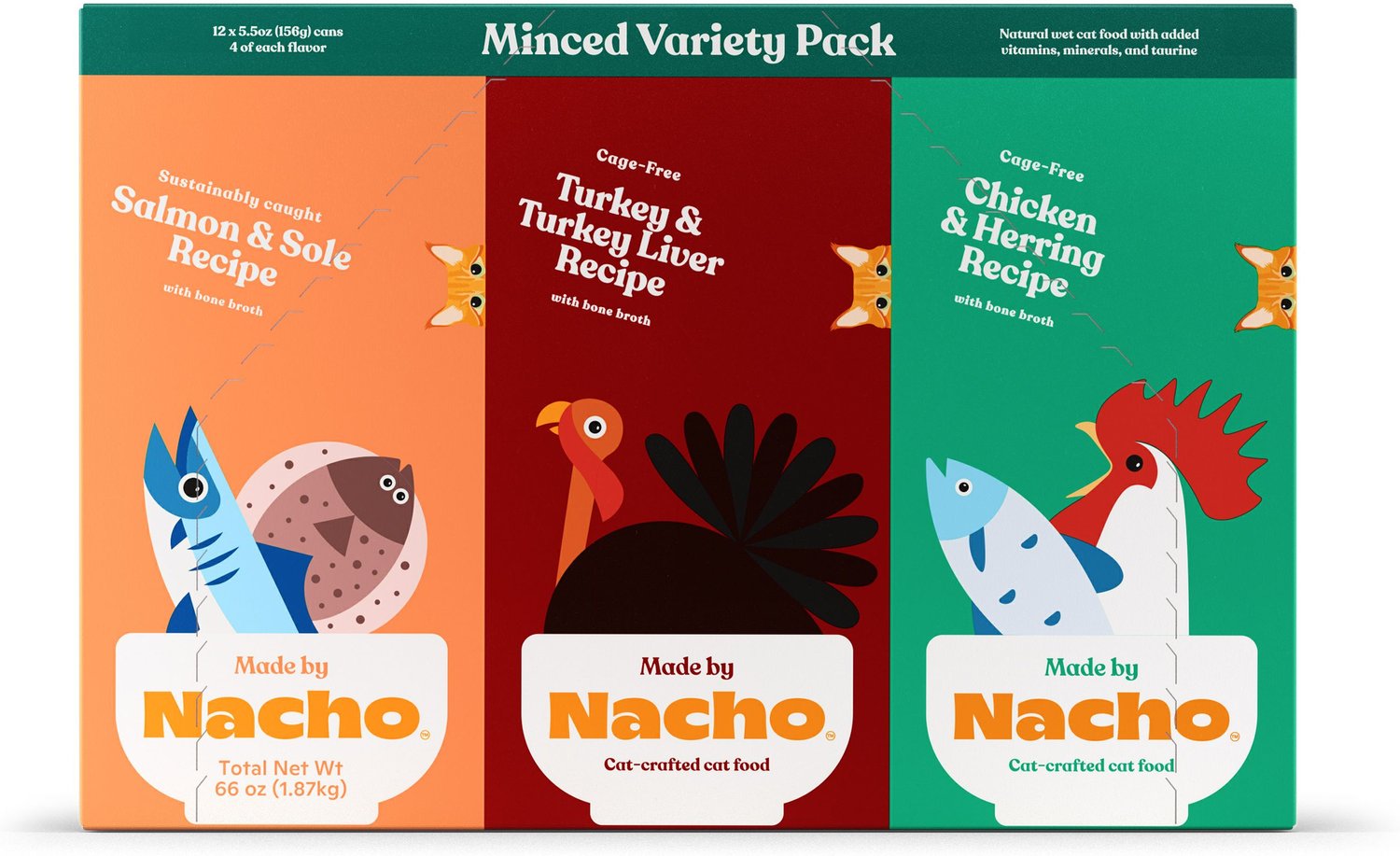 Made by Nacho Chicken. Herring. Salmon & Turkey Variety Pack Minced Wet Cat Food. 5.5-oz can. case of 12