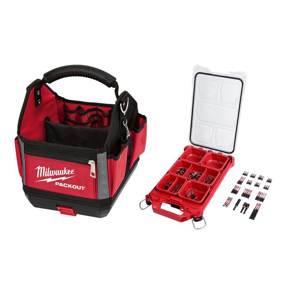Milwaukee 48-22-8310-48-32-4082 10 in. PACKOUT Tote with SHOCKWAVE Impact Duty Alloy Steel Screw Driver Bit Set with PACKOUT Case (100-Piece)