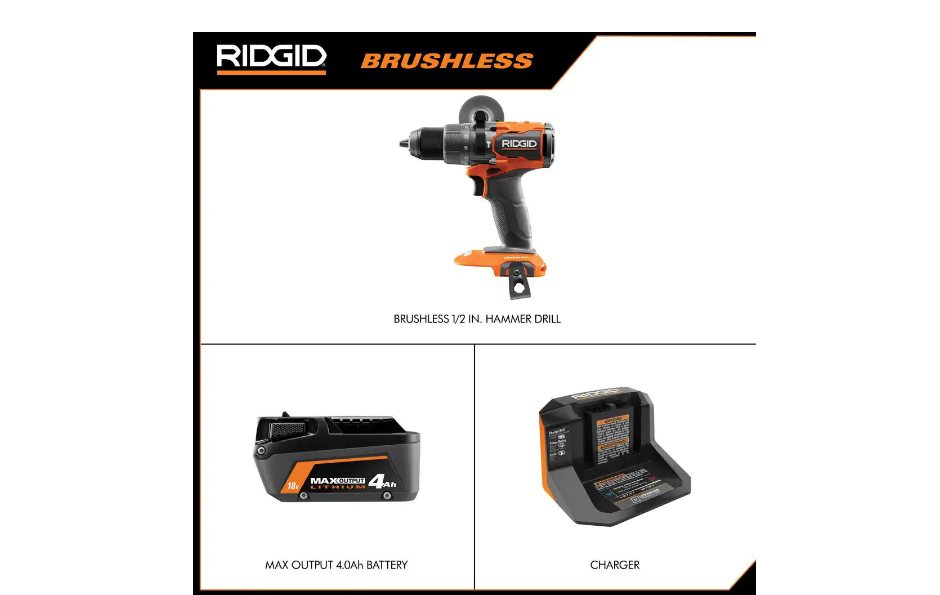 RIDGID R86115K 18V Brushless Cordless 1/2 in. Hammer Drill/Driver Kit with 4.0 Ah MAX Output Battery. 18V Charger. and Tool Bag