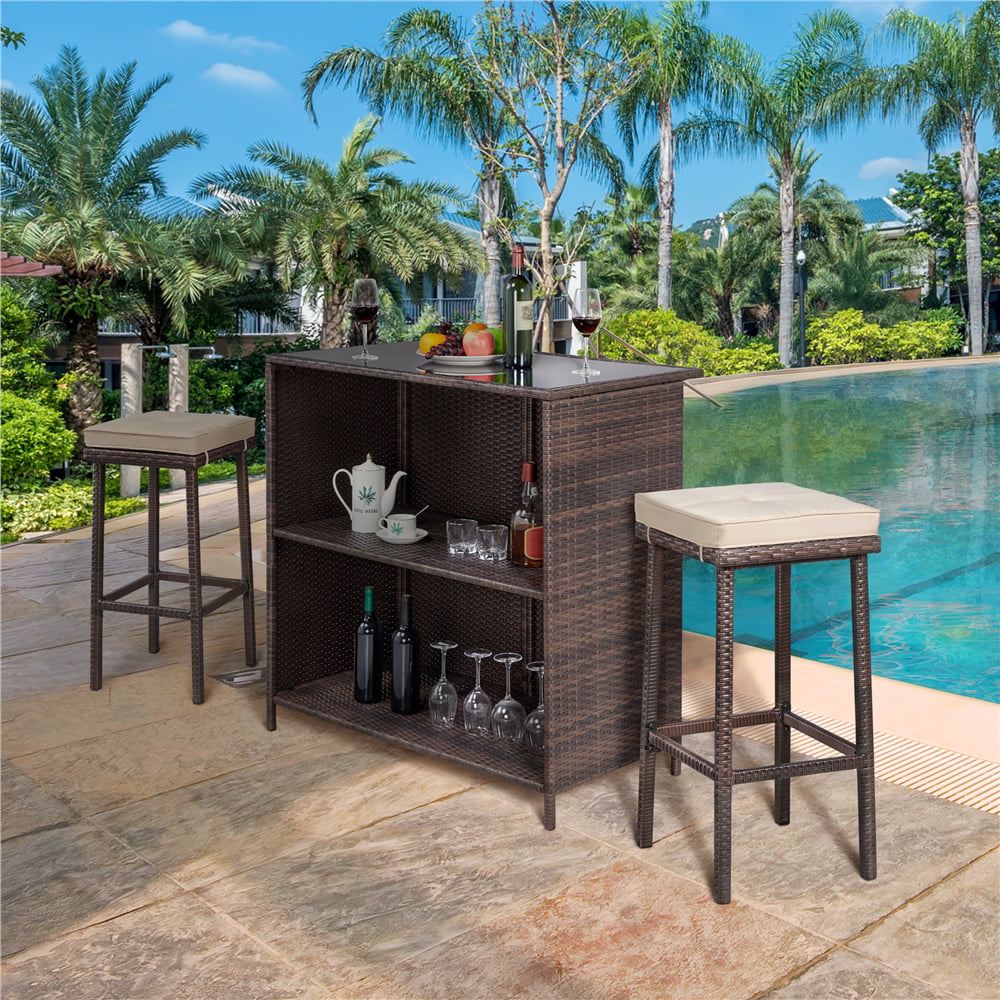 Easyfashion 3-Piece Outdoor Rattan Wicker Bar Set. Brown