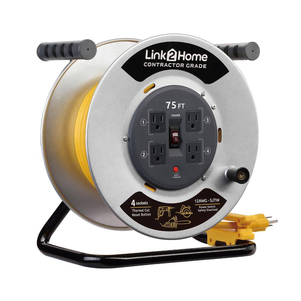 Link2Home EM-CG-750-N 75 ft. 12/3 Extension Cord Storage Reel with 4 Grounded Outlets and Overload Circuit Breaker