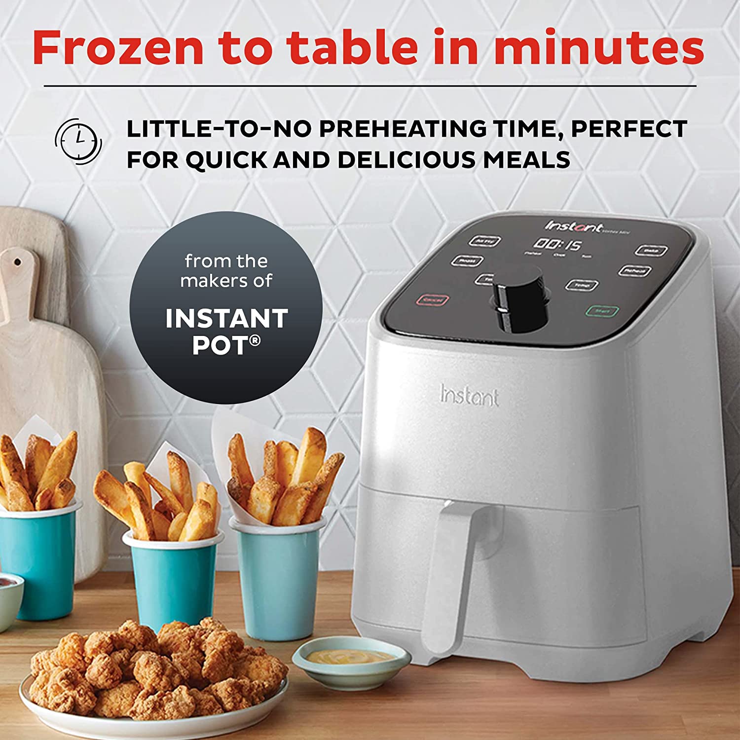 Instant Vortex 4-in-1. 2-QT Mini Air Fryer Oven Combo. From the Makers of Instant Pot with Customizable Smart Cooking Programs. Nonstick and Dishwasher-Safe Basket. App with over 100 Recipes. White