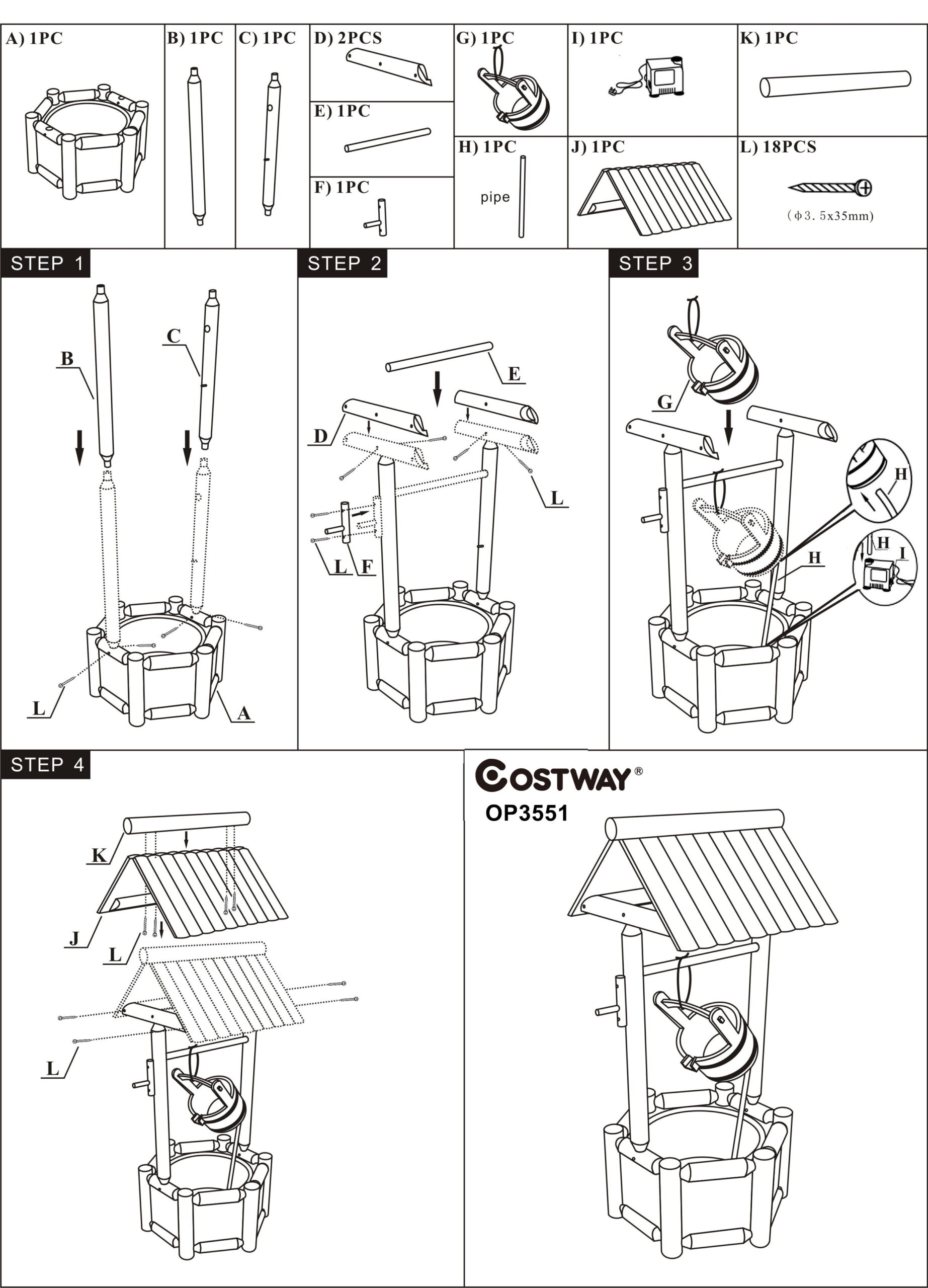Costway Garden Rustic Wishing Well Water Fountain Wooden Outdoor Electric Backyard Pump